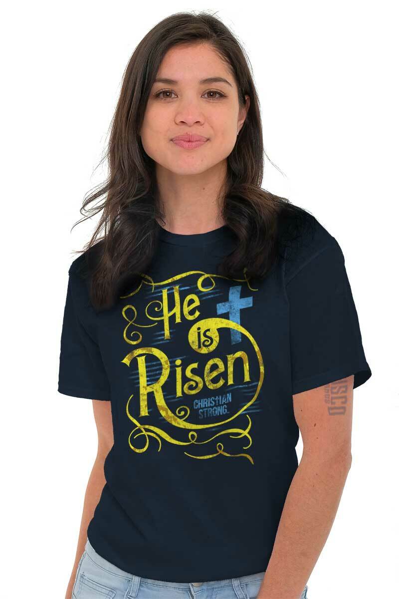 Christian Strong Faith He Is Risen Cross Womens Graphic Crewneck T Shirt Tee