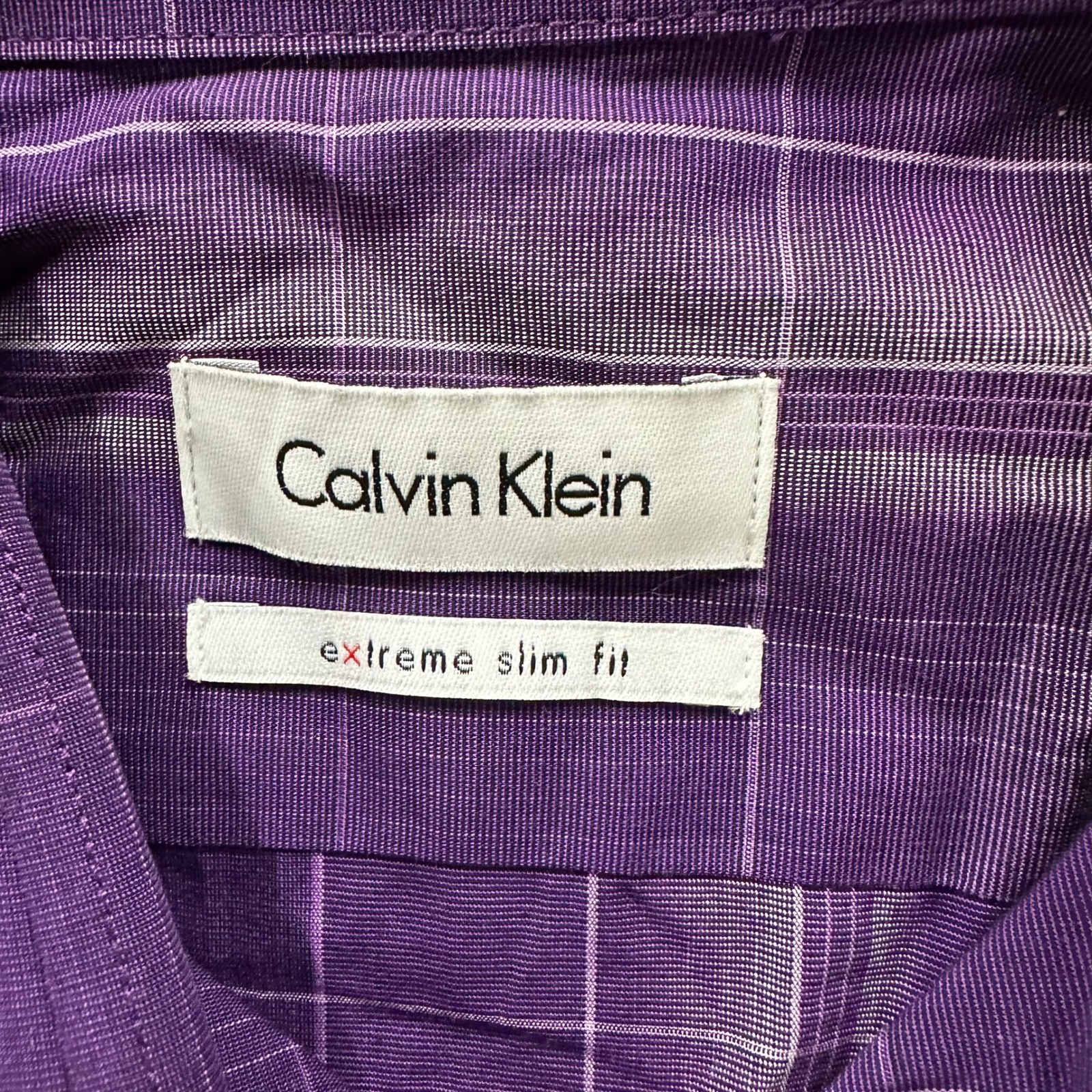 Calvin Klein Button Down Mens Size 15 32/33 Purple Plaid Extreme Slim Fit Cotton