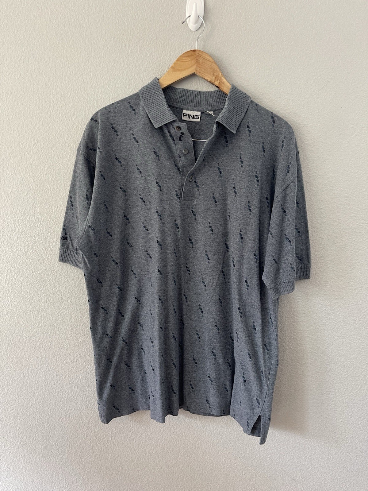 PING Vintage Polo Shirt Textured Pattern Grey Mercerized Combed Cotton Size L