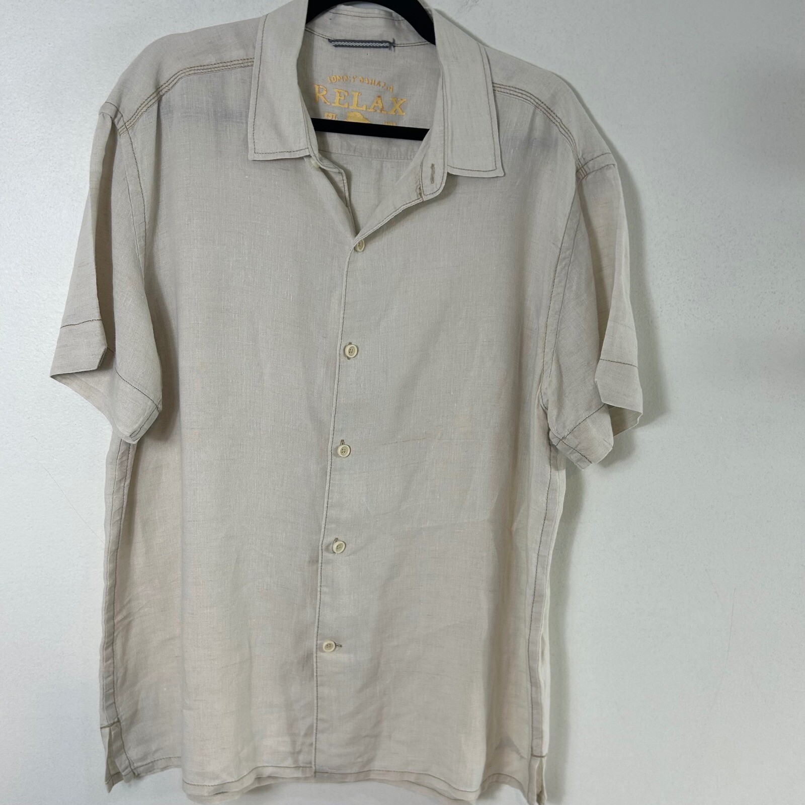 Tommy Bahama Relax Linen Button Up Short Sleeve Camp Shirt Beige Large