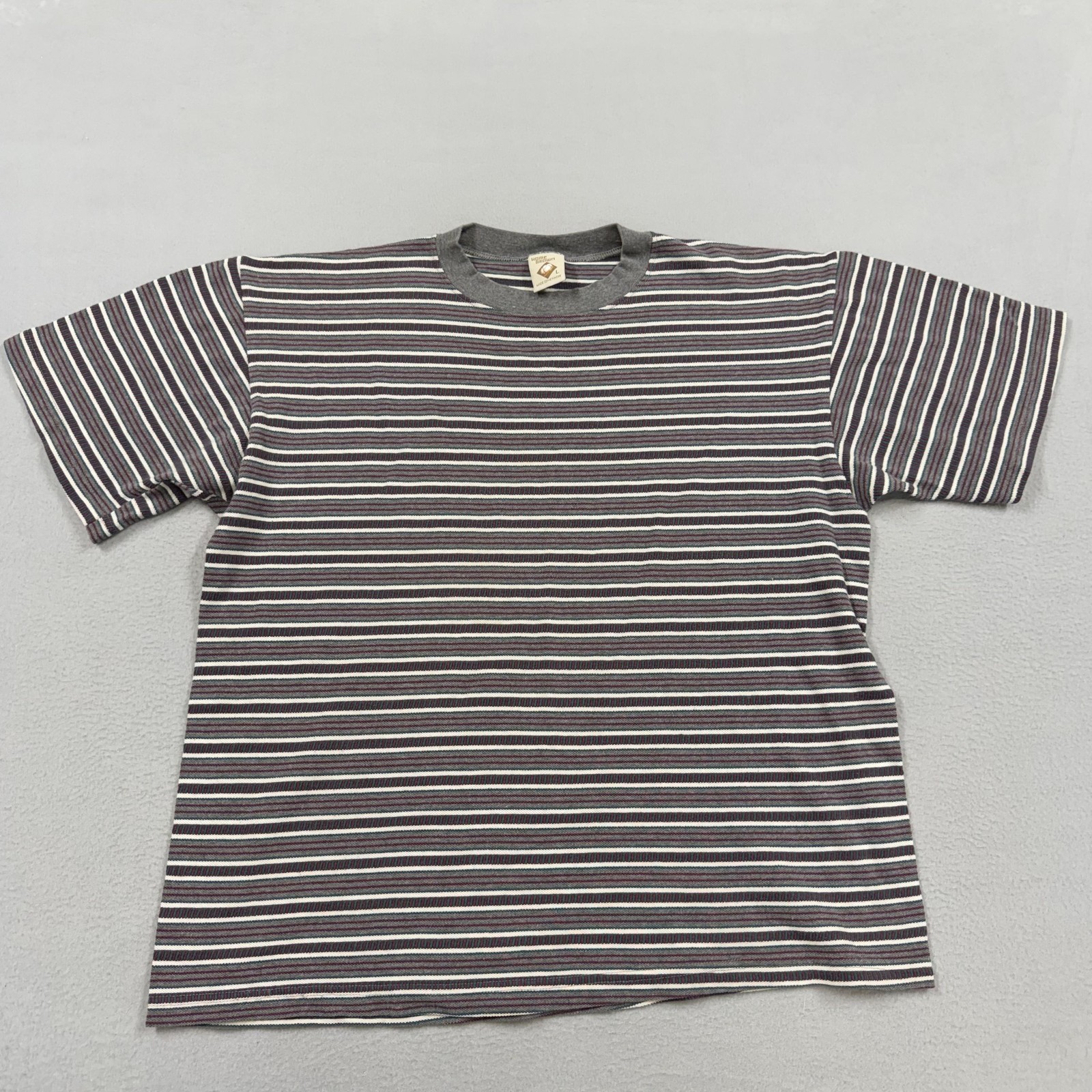 Home Grown Shirt Mens Large Gray Stripe Made USA Short Sleeve Cotton Tee