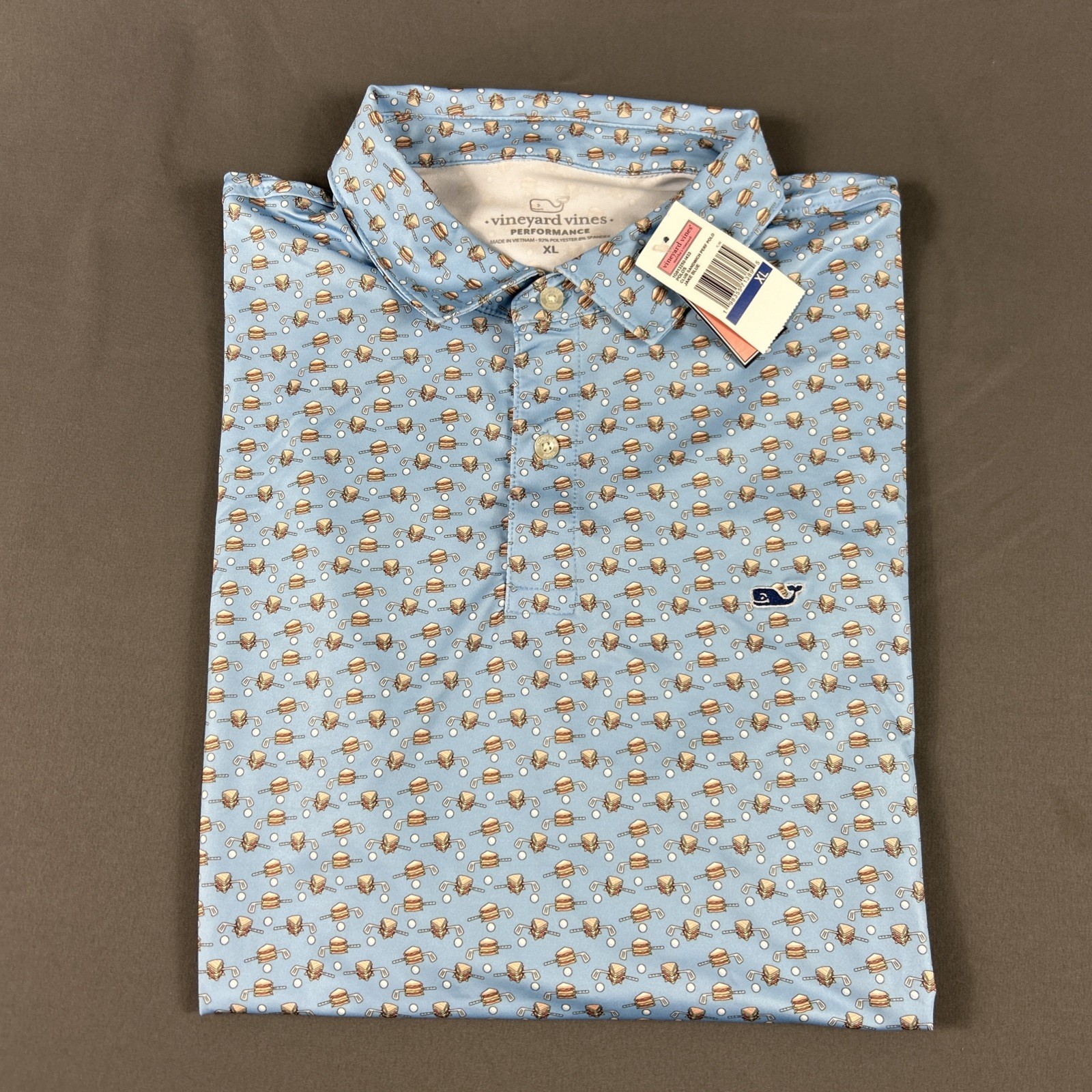Vineyard Vines Golf Shirt Polo Club Sandwich Print XL Blue Polyester Spandex