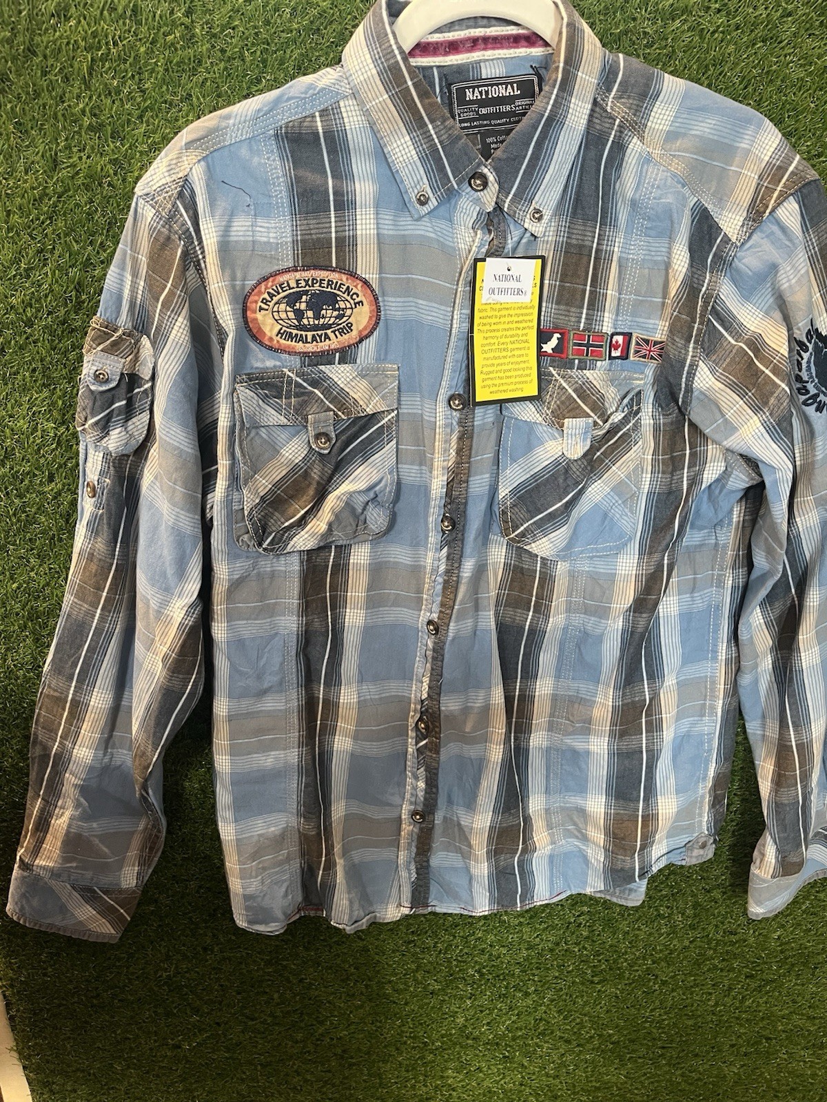 – National Outfitters Plaid Long Sleeve Shirt Patches Size Medium