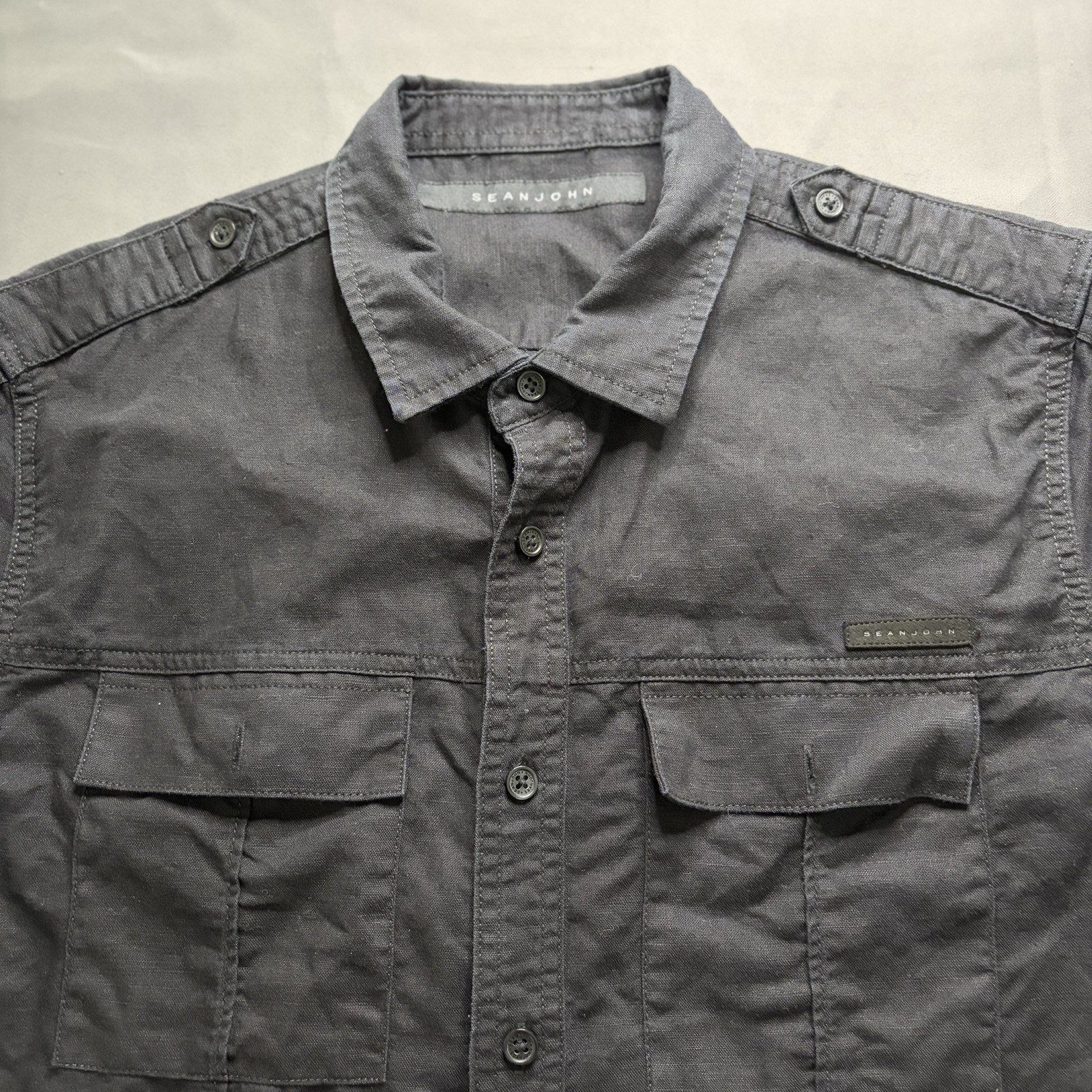 Sean John Men’s Black Utility Shirt Size Medium Linen Cotton Short Sleeve