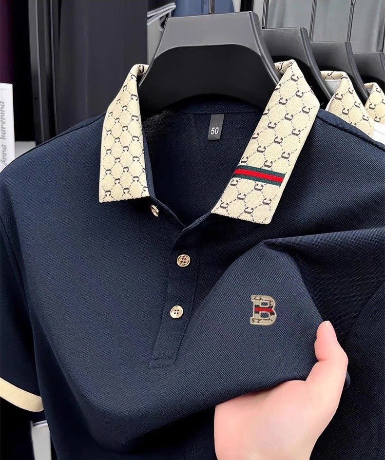 Men’s Luxury B Letter Embossed Polo Shirt Lightweight Breathable Summer Tee