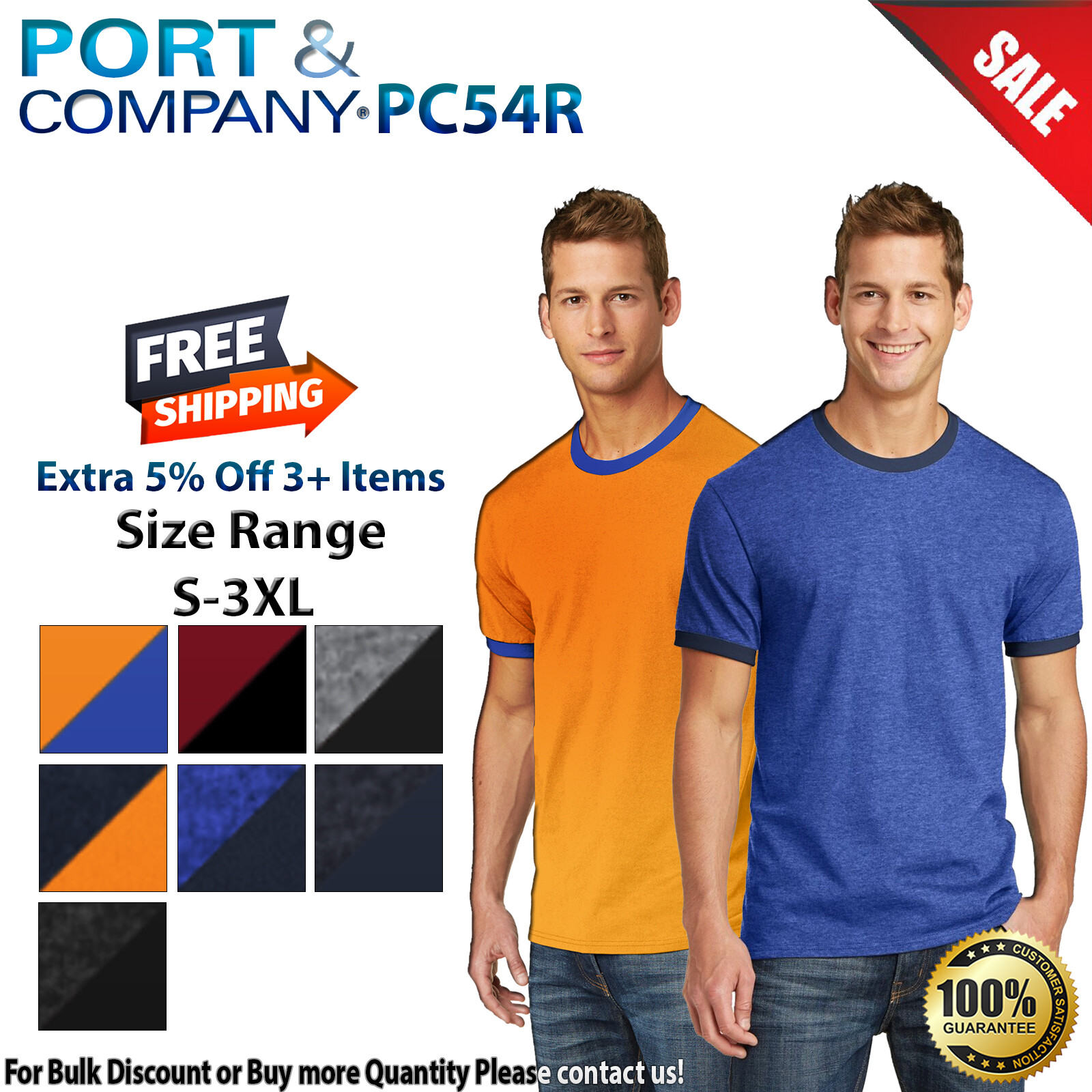 Port & Company PC54R Mens Short Sleeve Retro Ringer Crew Neck Cotton T-Shirt