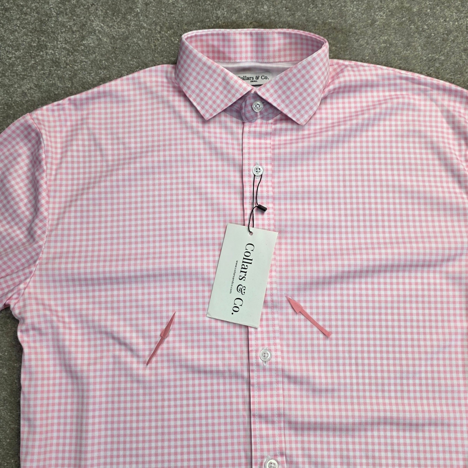 Collars and Co Men Dress Collar Stretch Long Sleeve Polo Shirt Sz S Pink Gingham