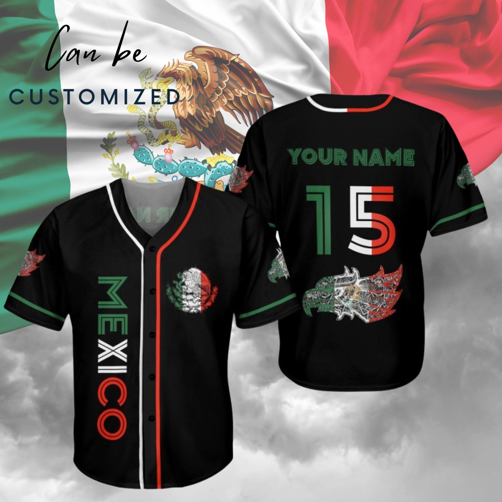 Mexico Baseball Shirt – Aztec Eagle, Flag, Customizable Name & Number