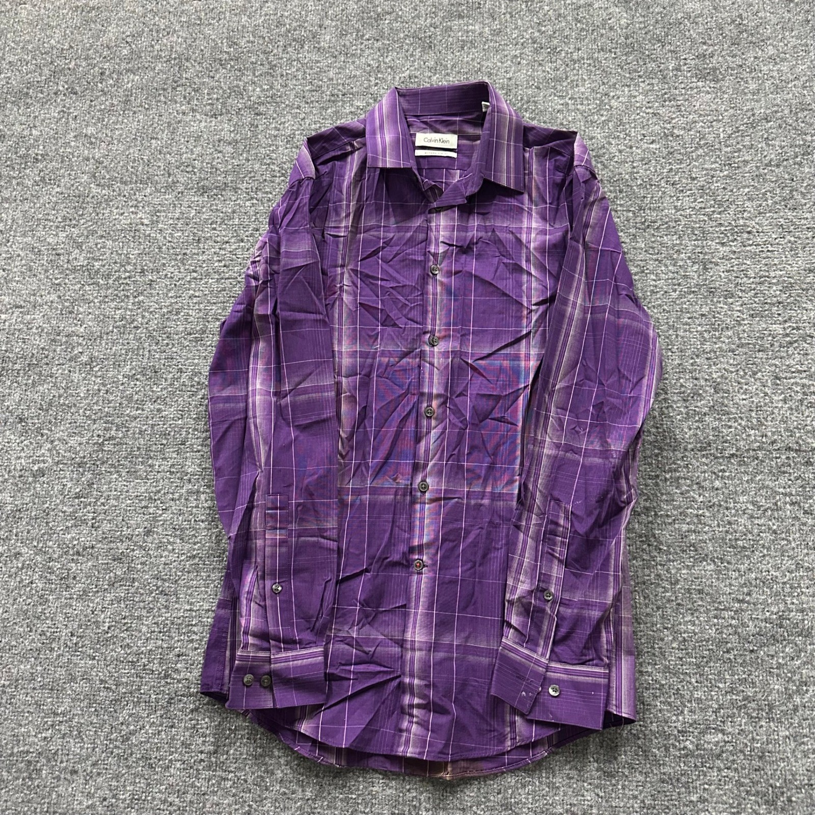 Calvin Klein Button Down Mens Size 15 32/33 Purple Plaid Extreme Slim Fit Cotton