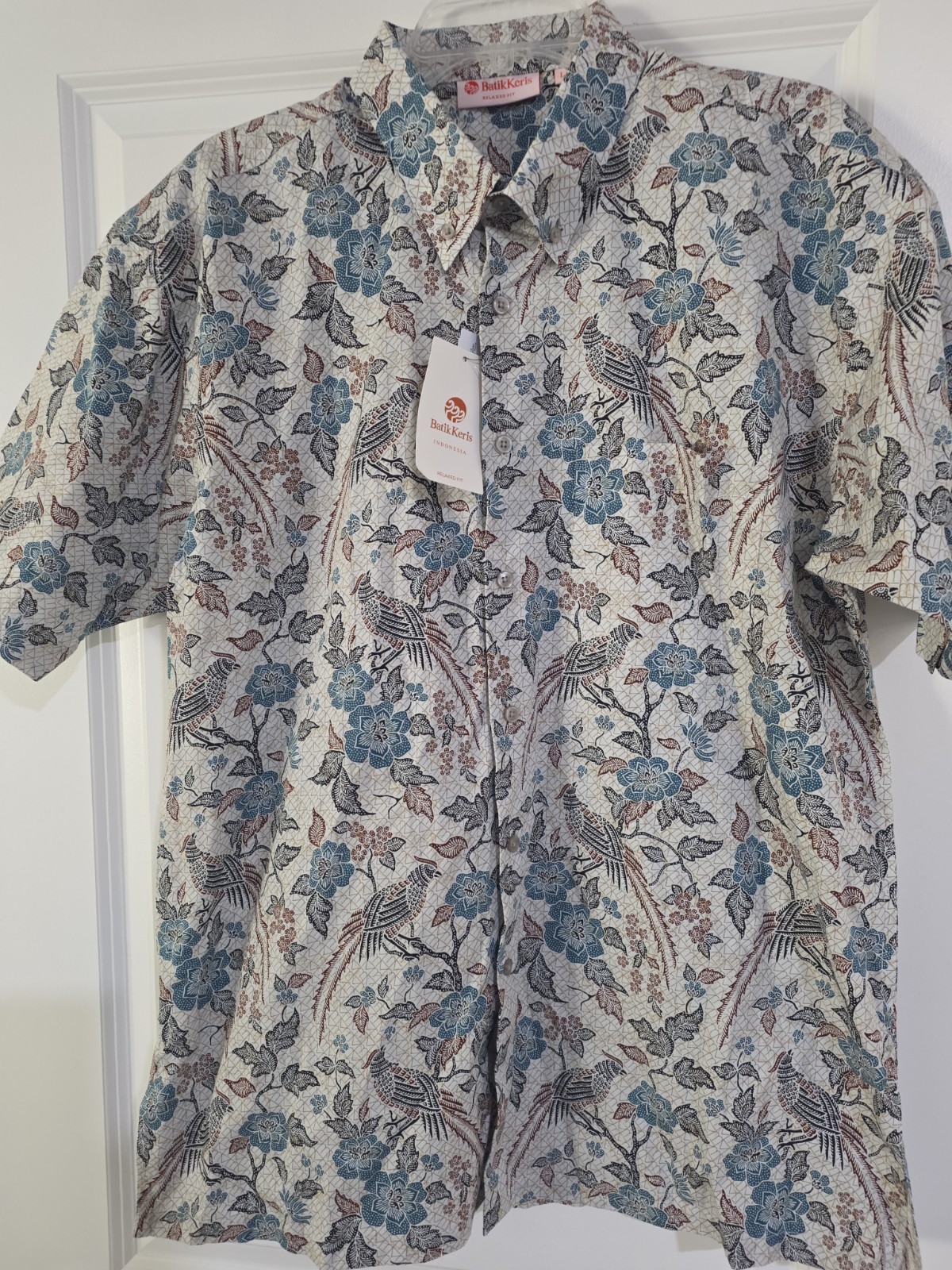 Batik Keris Indonesia Men’s Short Sleeve Relaxed Fit Cotton Shirt Size LARGE