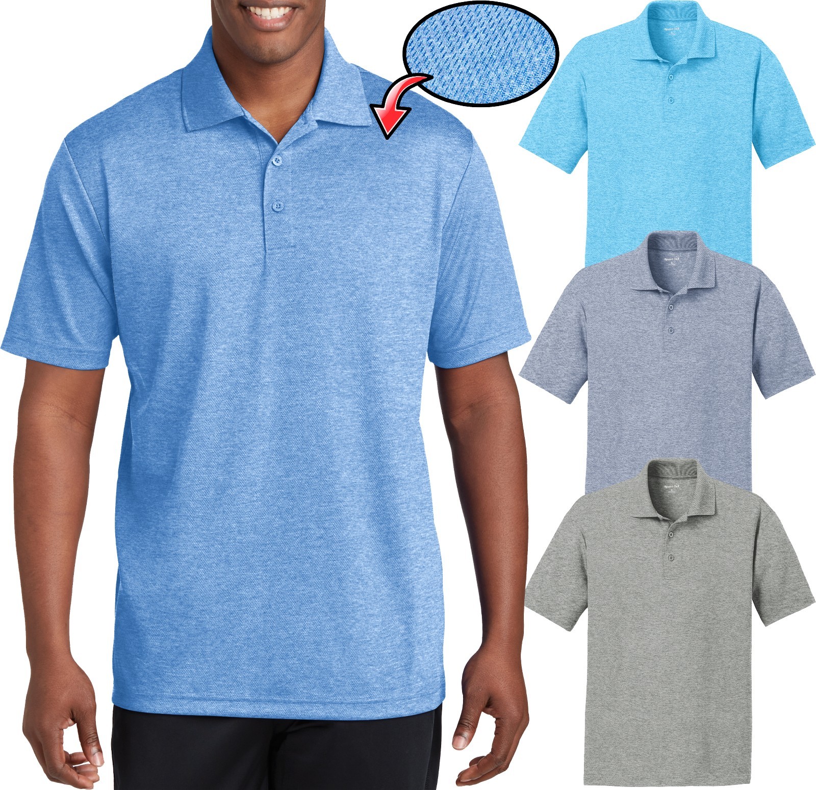 Mens Heather Polo Shirt Moisture Wicking MICRO MESH Dri Fit XS-XL 2XL, 3XL, 4XL