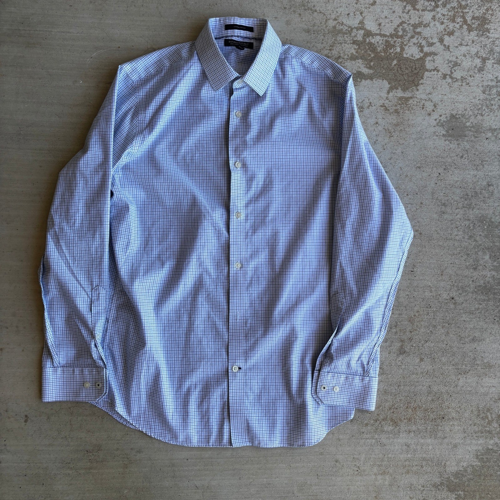 Banana Republic Standard Fit Men Non-Iron 100% Cotton White Check Dress Shirt M