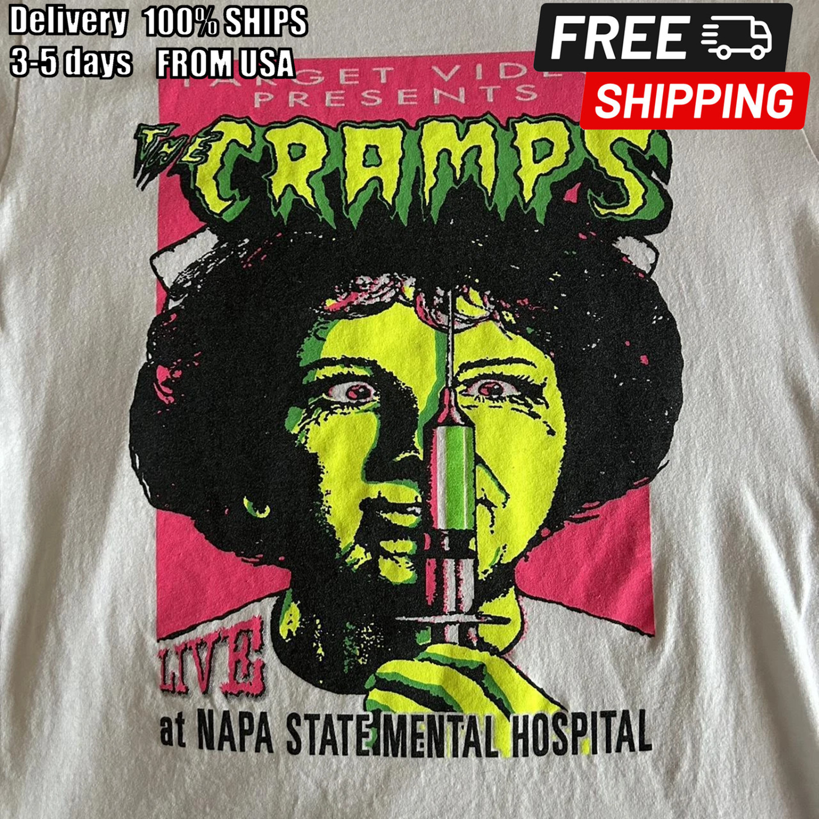 Rare The Cramps band Live At Napa white short sleeve Remake T shirt NH14604