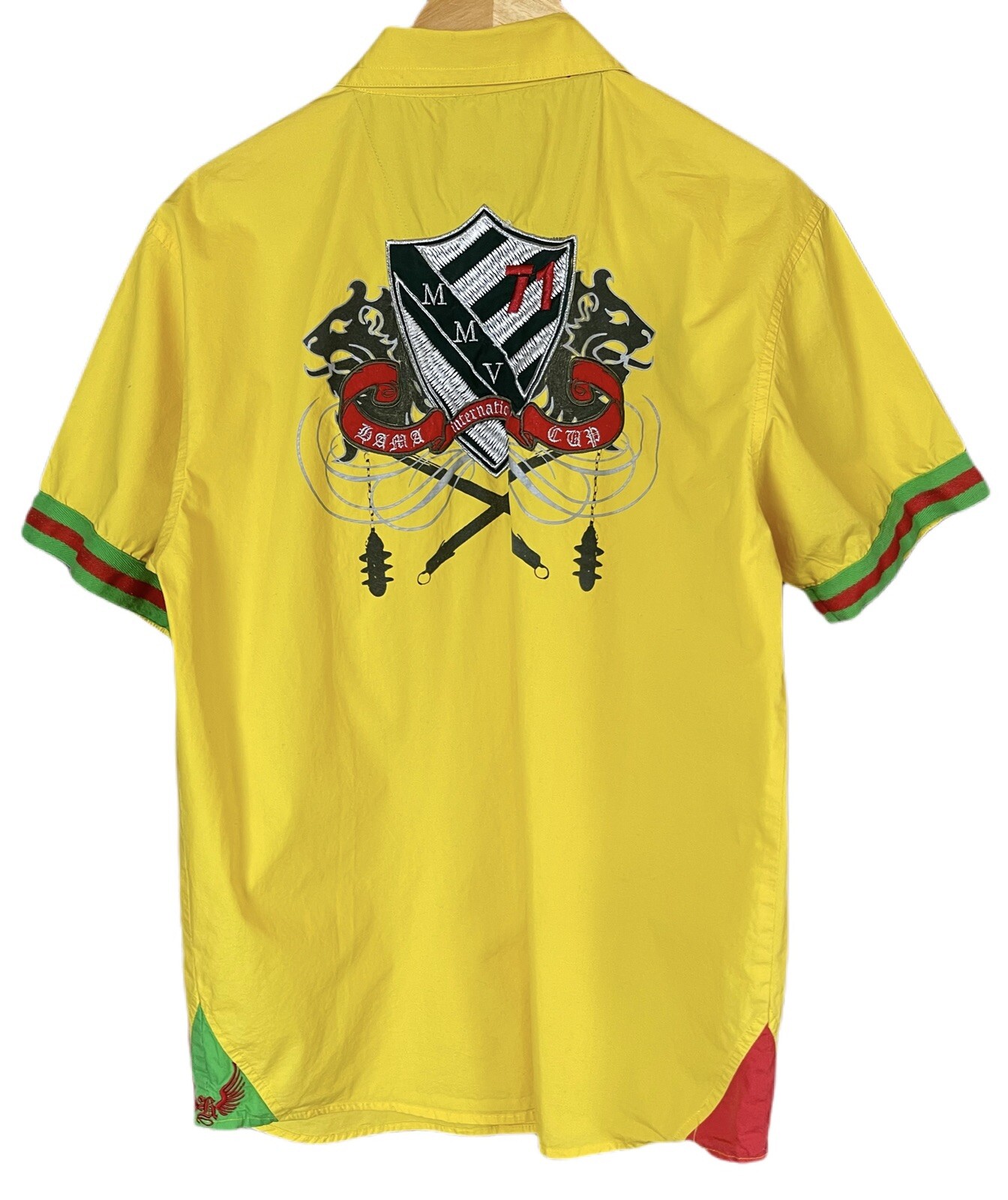 HAMA MENS BUTTON DOWN YELLOW W/MULTI COLORS EMBROIDERED SHORT SLEEVE SLEEVE LRGE