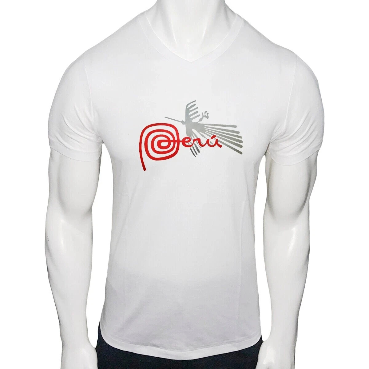 NWT PERU BIRD NAZCA LINES PERUVIAN PATRIOTIC MENS V NECK SHORT SLEEVE T-SHIRT