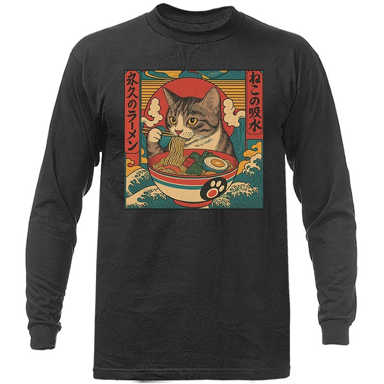 Cat Eating Ramen Noodles Kawaii Anime Manga Japanese Food Humorous Long Sleeve