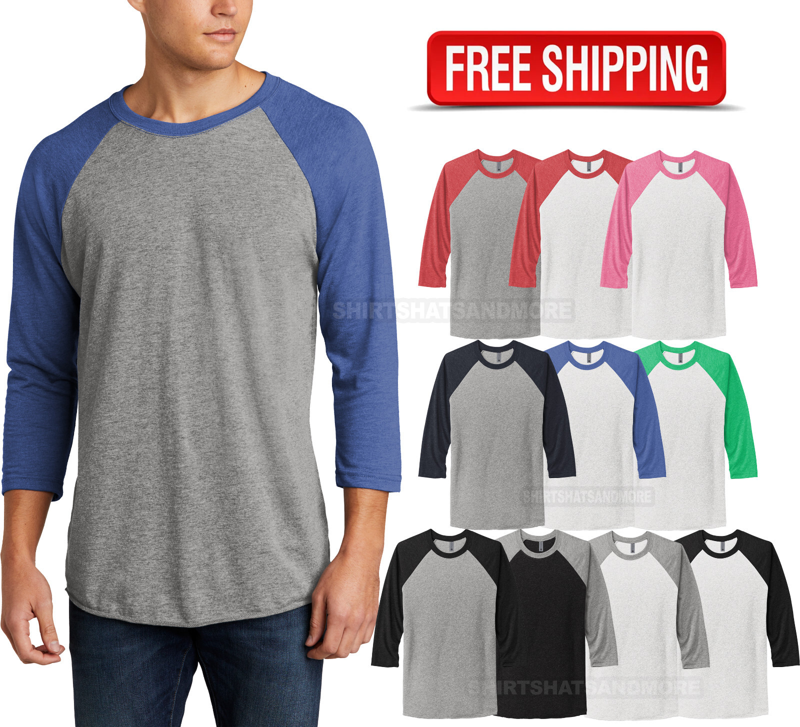 Mens Tri Blend T Shirt 3/4 Sleeve Raglan Preshrunk Baseball Tee XS-4XL NEW!