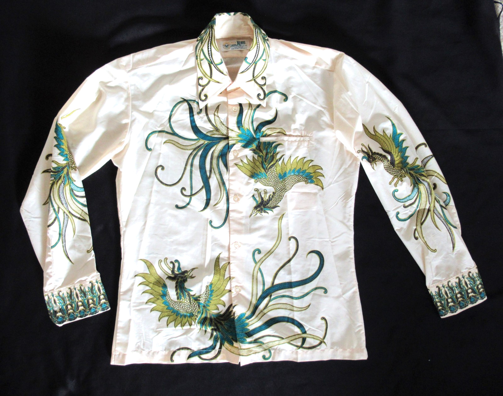 BATIK KERIS Shirt Men size M Indonesia long Sleeve bird phoenix Print