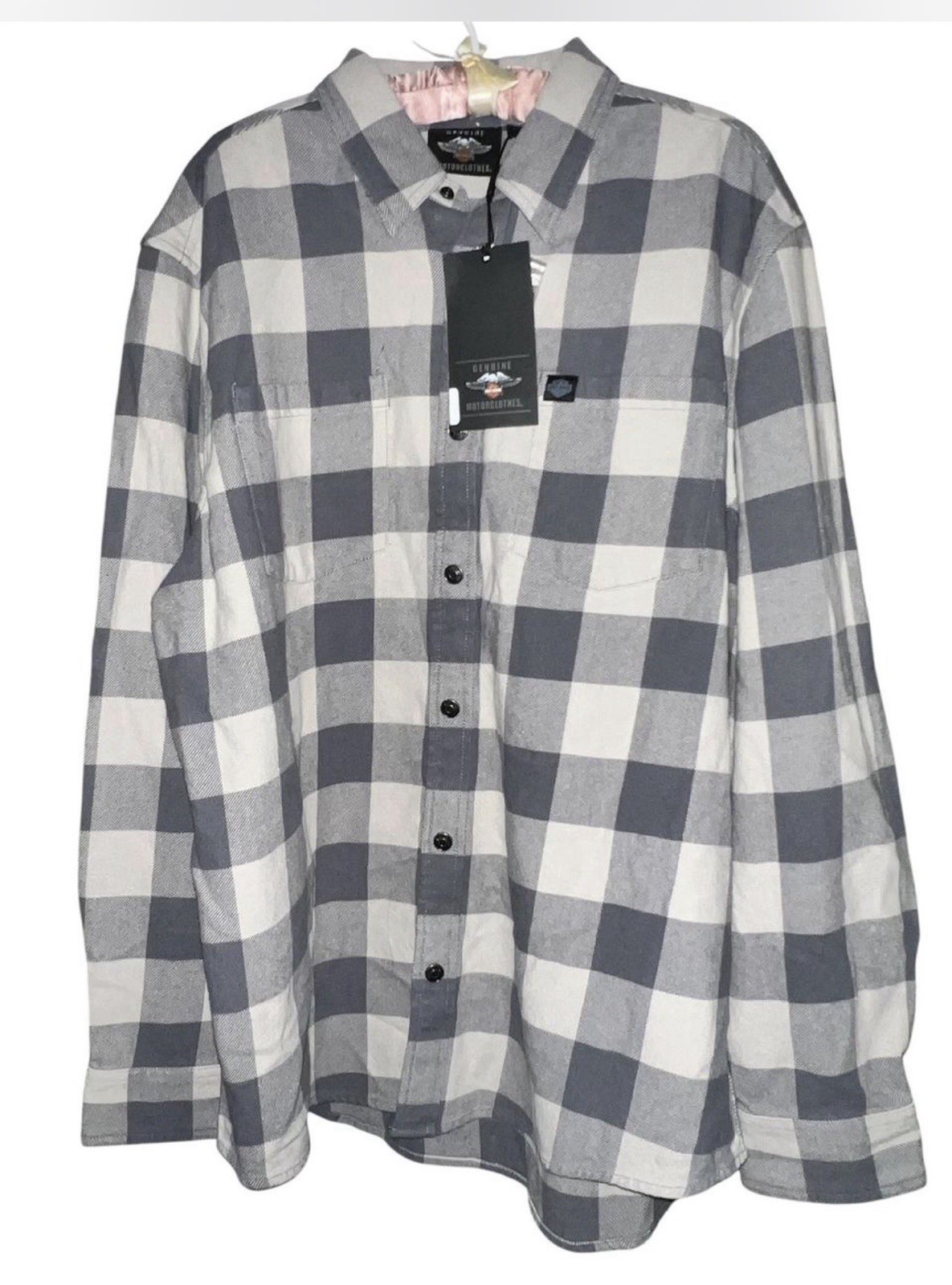 Harley-Davidson Men’s Woven Gray/White Plaid Long Sleeve Button-Up Shirt L