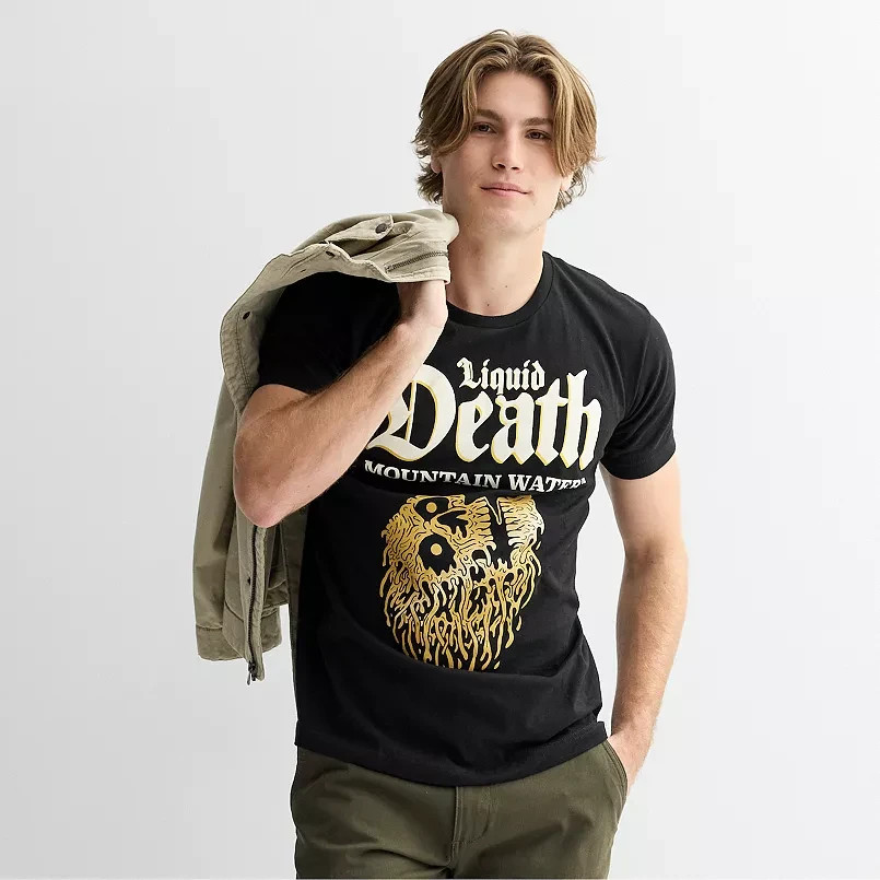 Liquid Death Mens Gold Skull Mountain Water Black Shirt New S-2XL
