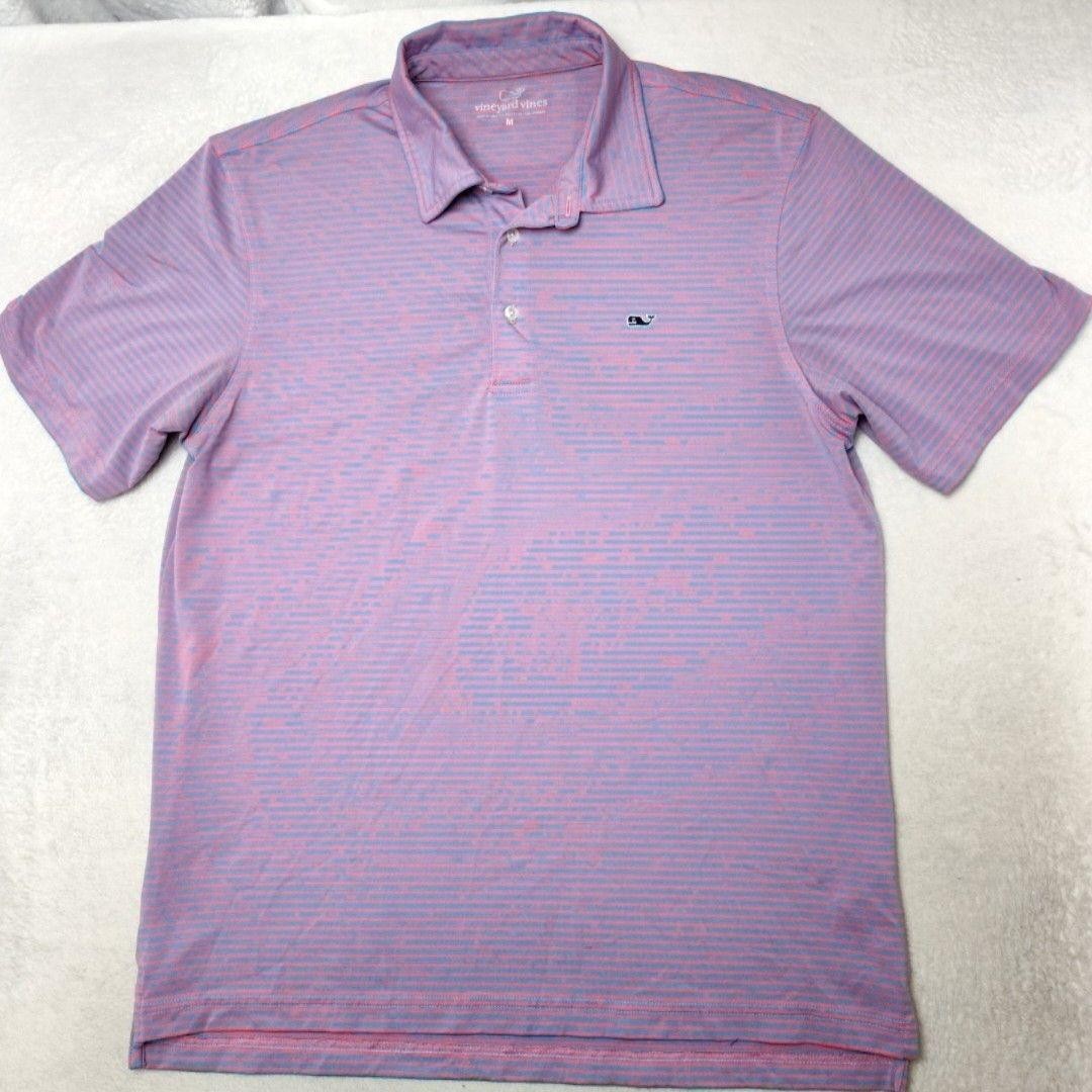 Vineyard Vines Polo Shirt Mens M Pink Striped Golf Performance Polyester Spandex