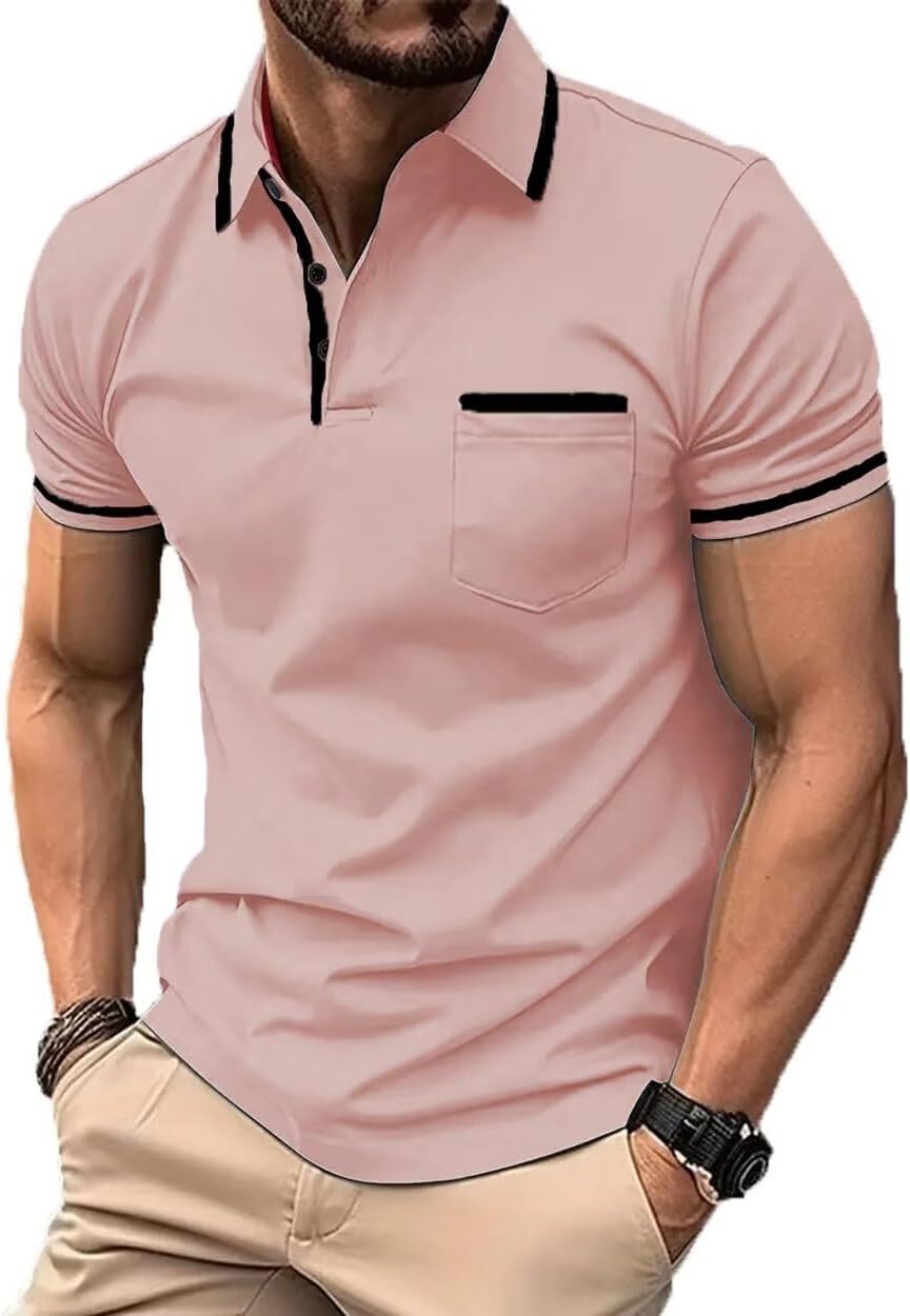 Men’s Short Sleeve Polo Shirt Slim Fit Color Block Golf Tee with Pocket