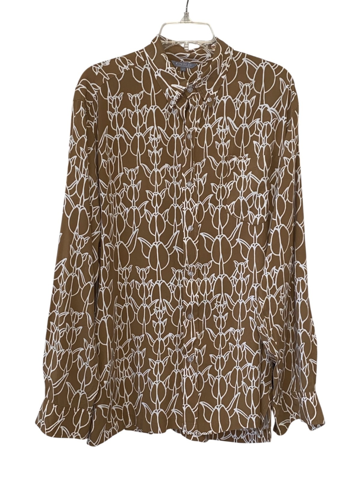 MANAOLA KINOLAU Brown White Floral Mens L Rayon Hawaiian Aloha Shirt Long Sleeve
