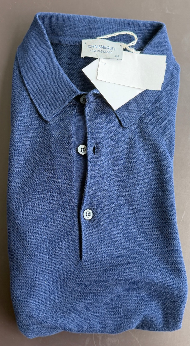 John Smedley Made in England Sea Island Cotton Soft Navy Blue Polo L/S Shirt XXL
