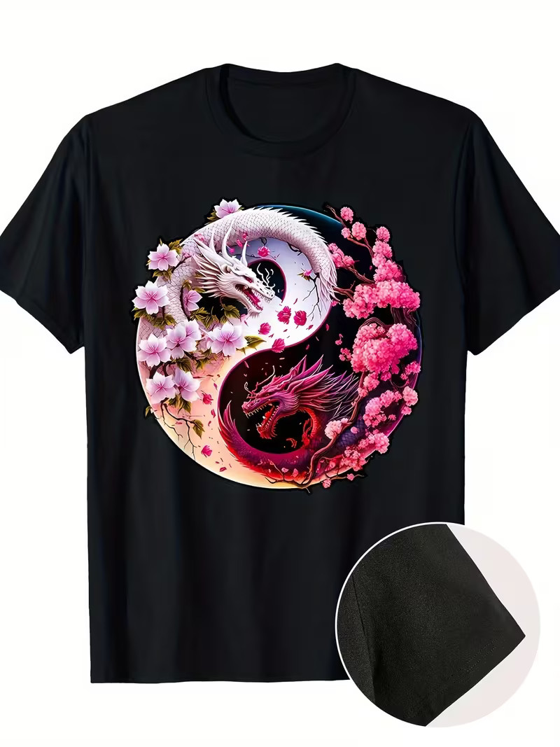 1pc Men’S Casual Cotton T-Shirt with Dragon Yin Yang Design, Short Sleeve, Round
