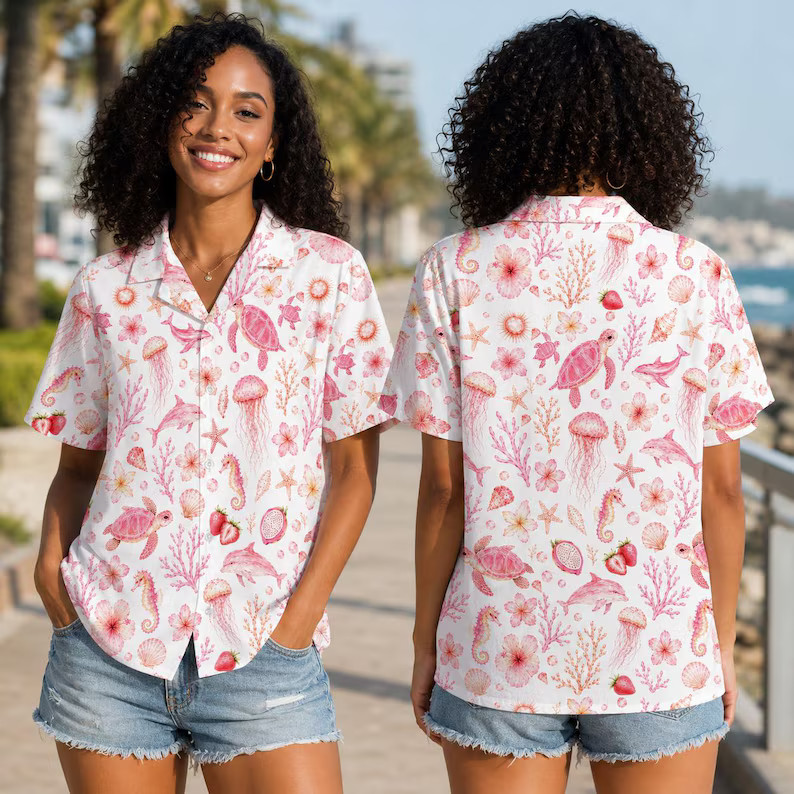 Pink Ocean Life Hawaiian Shirt, Cute Sea Turtle Jellyfish Seahorse Aloha Shirt