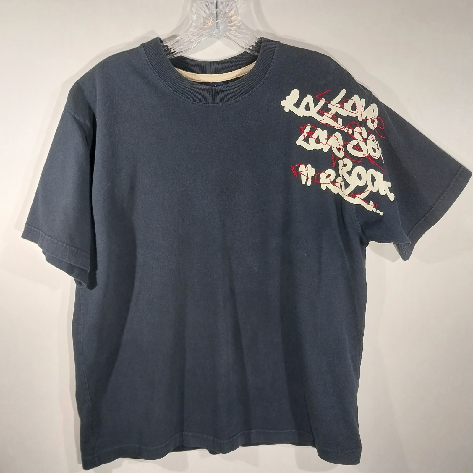 G:64 Red Zig Zag Embroidery+Graphic Tee Love Sex and Rock-n-Roll Mens S Y2K Rare