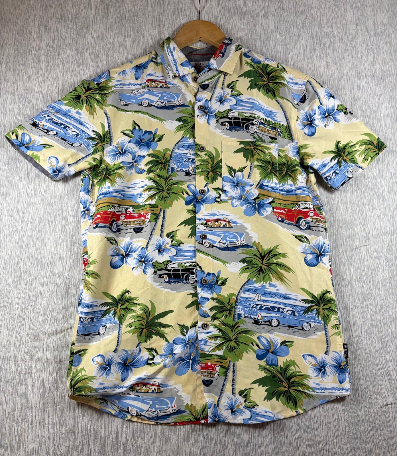 Weiv Los Angeles Men’s Vintage Classic Car Print And Palms Tree Shirt Button S