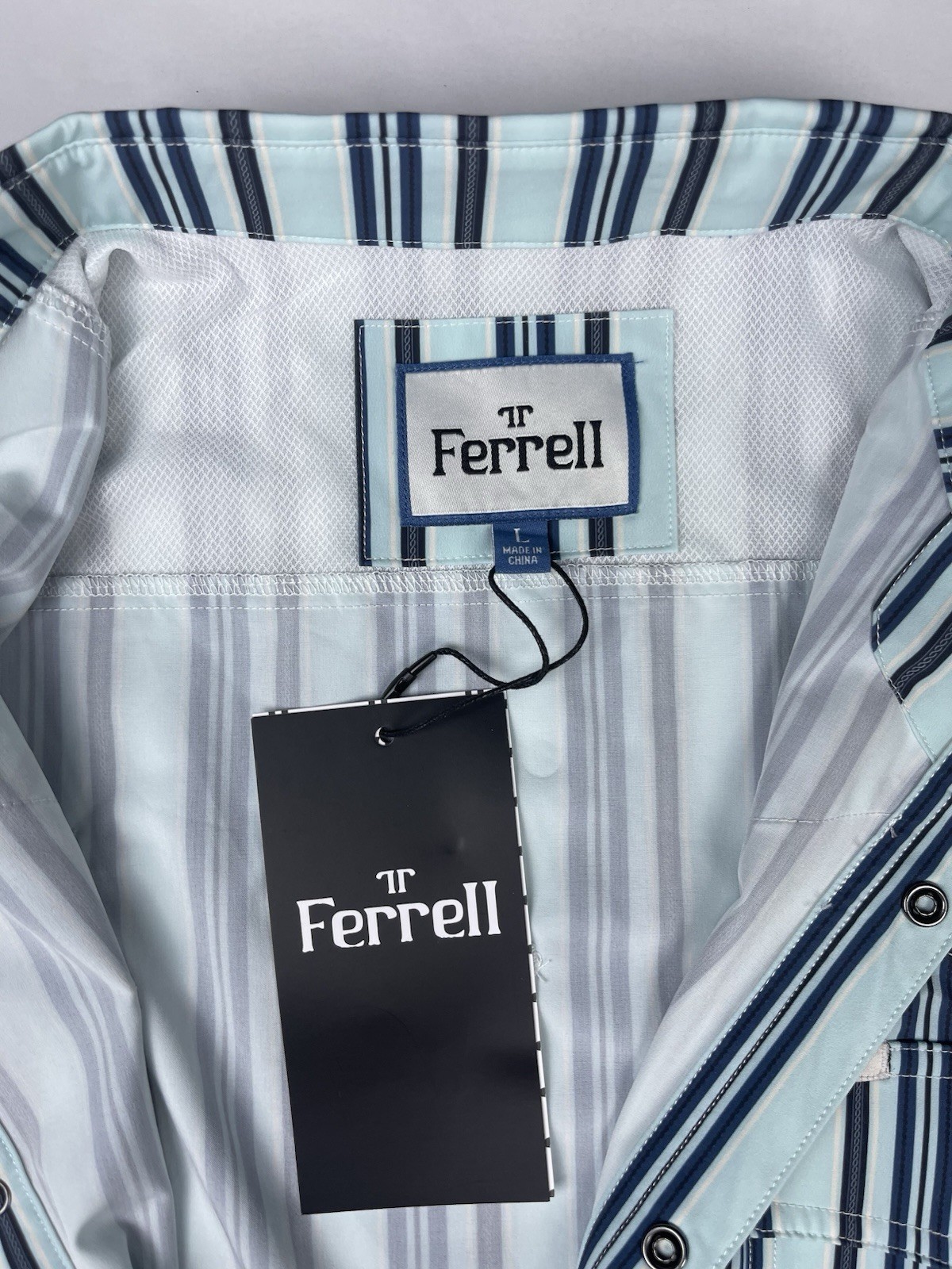 Ferrell Men’s L Woven Polyester/Spandex Button-Up Shirt Blue Striped Pockets