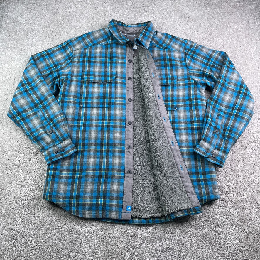Columbia Mens Shirt Jacket Large Blue Wool Blend Flannel Fleece Lined Shacket