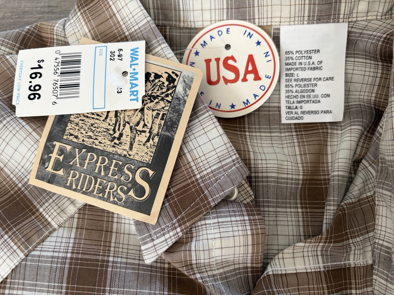 VintagePearl Snap Shirt Express Rider Mens Western Cowboy Brown Plaid Sz L Large