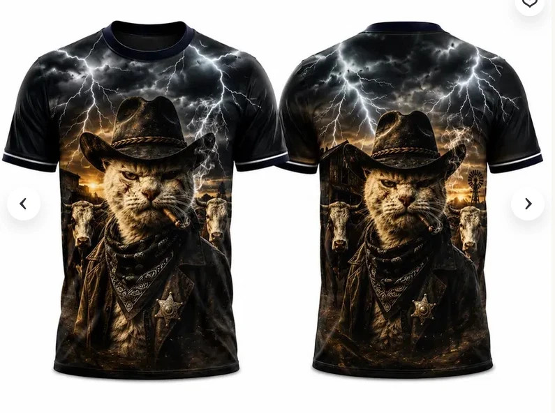 Cowboy Cat T-Shirt, 3D Graphic Meme Tee S66