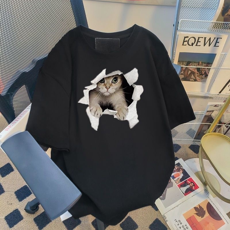 Cute Cat Graphic Tee Kitten Peek Hole Funny T-Shirt Casual Cotton Shirt