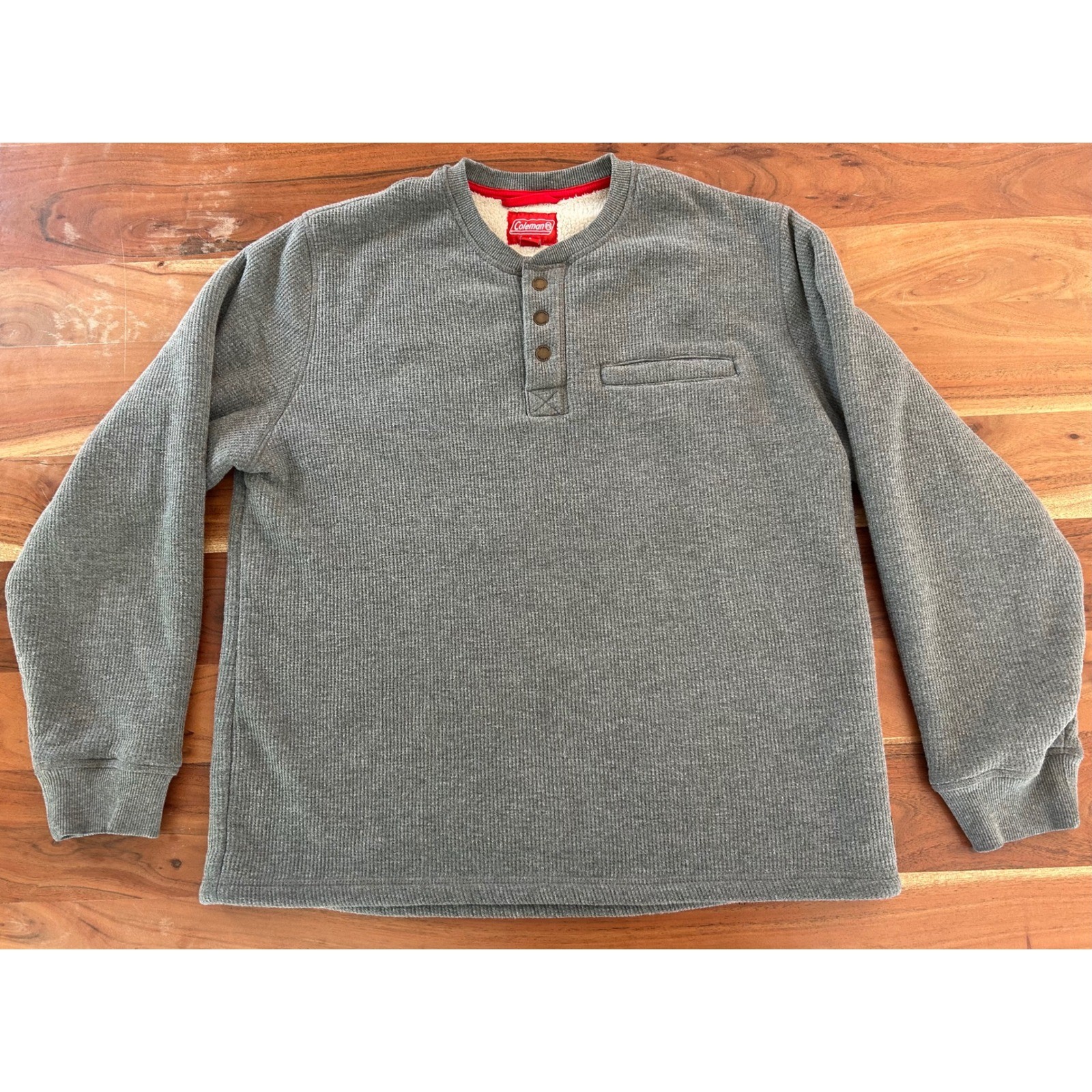 Coleman Mens Sherpa Lined Waffle Knit Henley Pullover Gray Thermal Shirt Large
