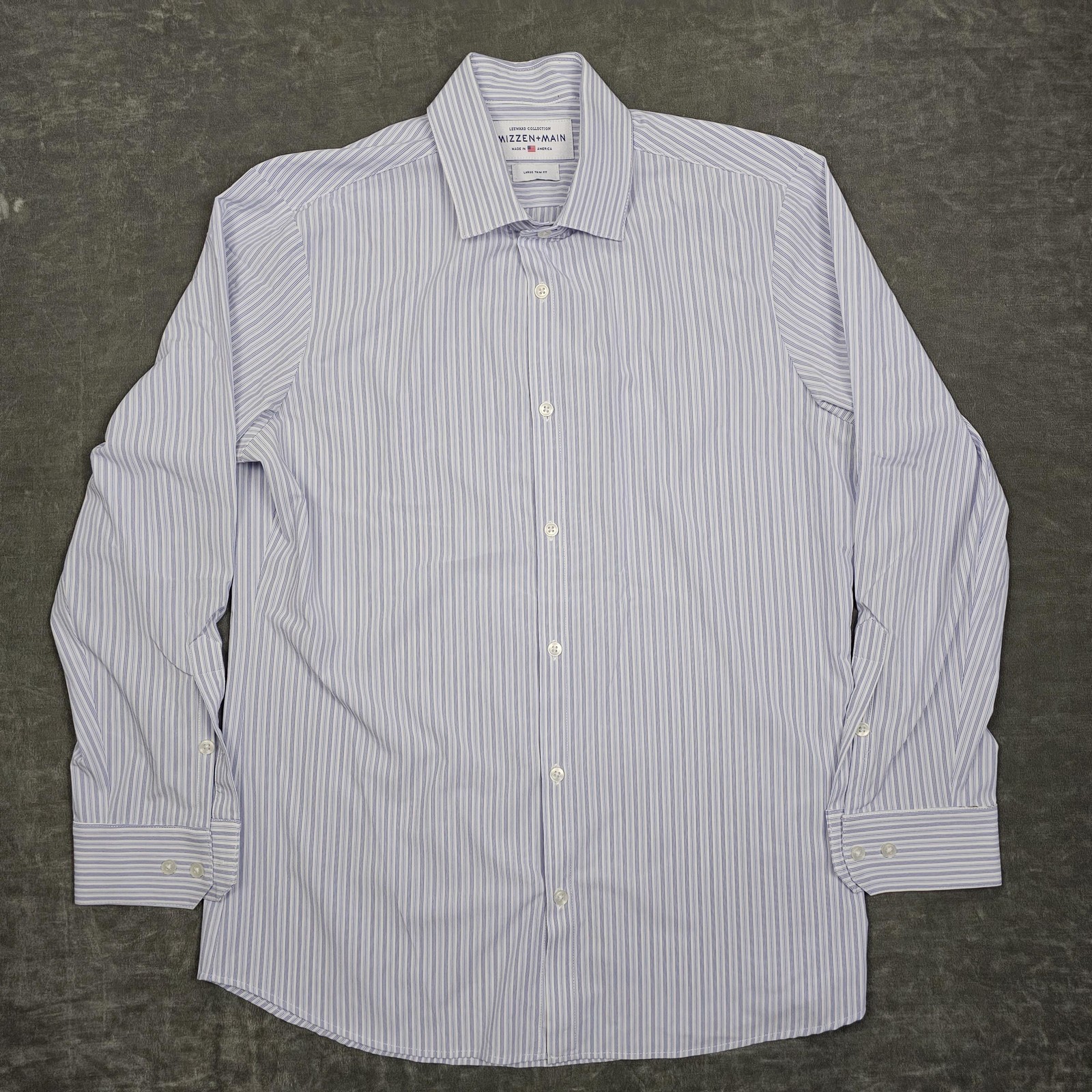Mizzen+Main Leeward Shirt Mens Large Blue Stripe Trim Fit Stretch Made USA
