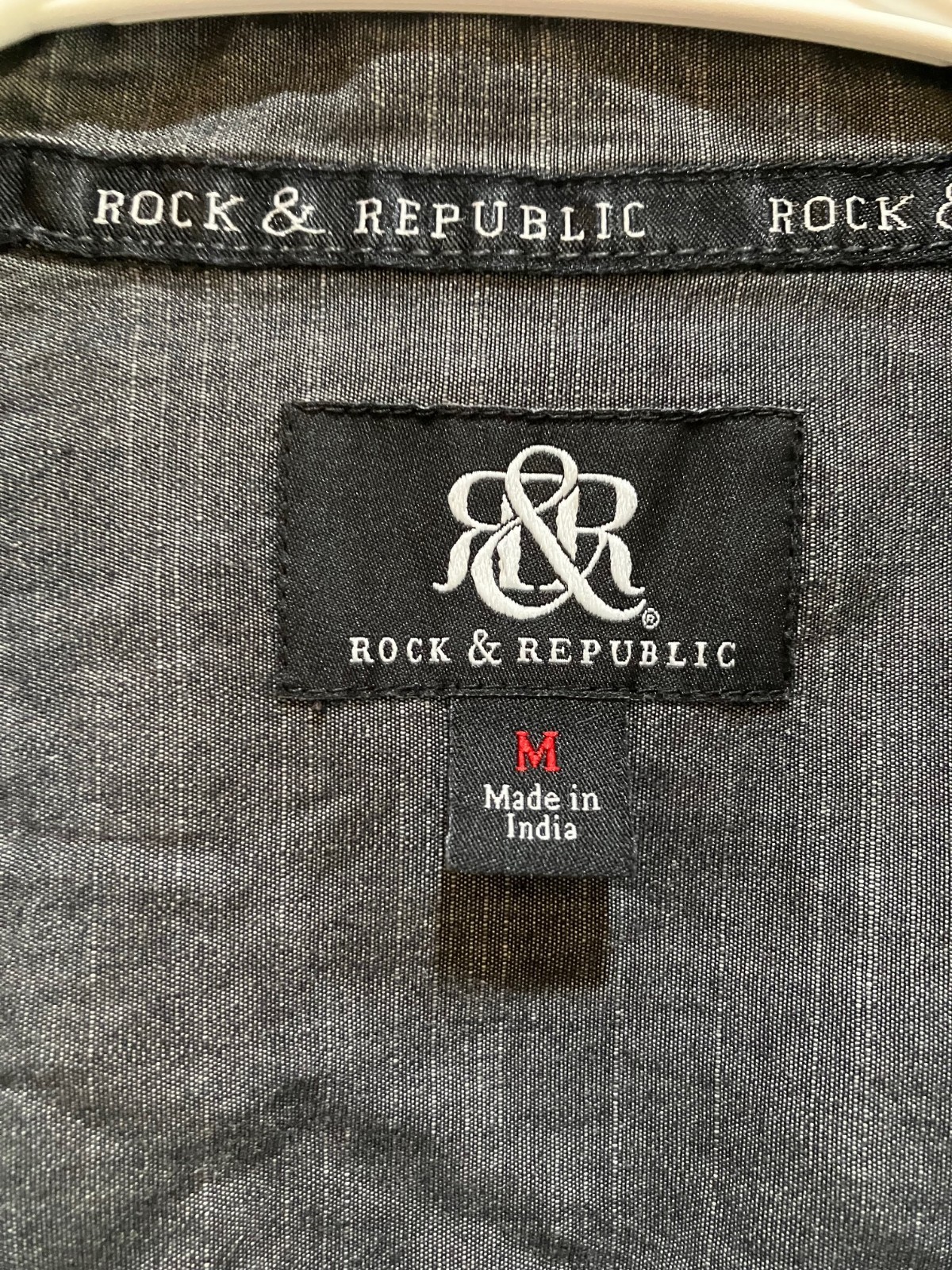 Rock & Republic Shirt Button Front Zip Pocket Distressed Gray Cotton Mens M