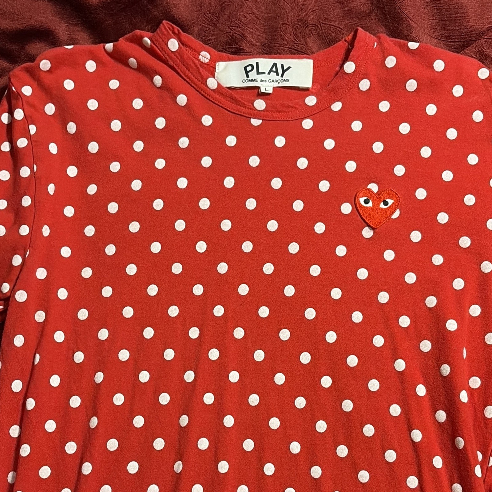 Comme des Garcons Play Red Polka Dot Long Sleeve T-Shirt Size L Red Heart Logo