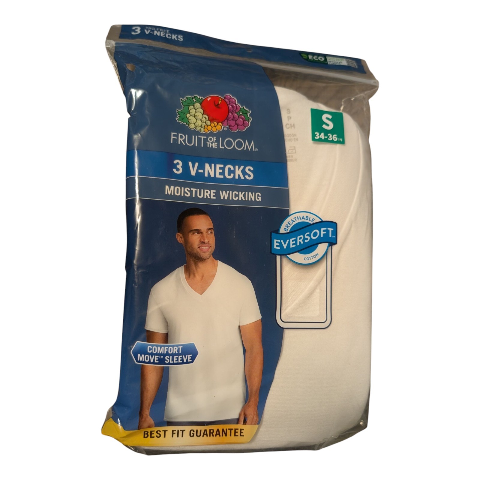 Fruit Of The Loom 3 Pack Moisture Wicking Eversoft White V Neck T Shirts SMALL