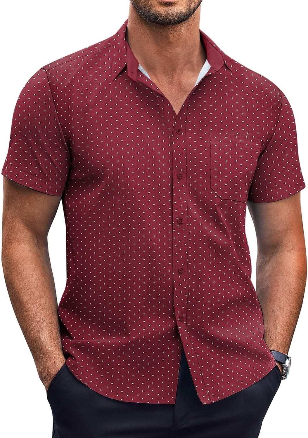 Men’s Button Down Shirt Short Sleeve Turn-Down Collar Size XX-Large Wine Red
