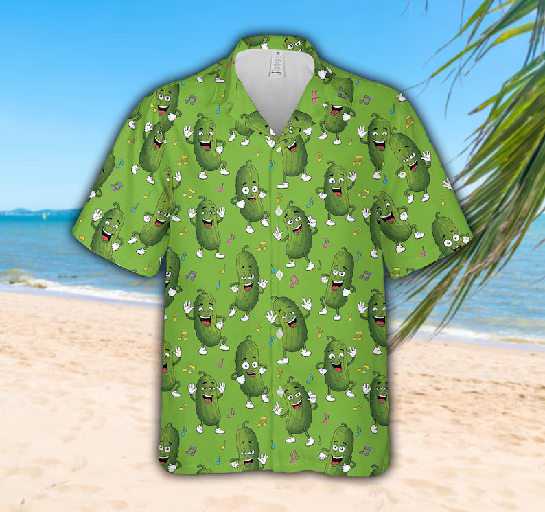 Dancing Pickle Hawaiian Shirt For Men & Women, Quirky Green Pickle Button Up