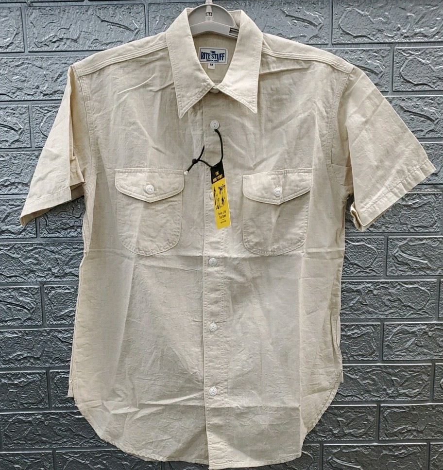 New THE RITE STUFF Bantam Selvedge Short Sleeve Work Shirt Ecru Sz Medium