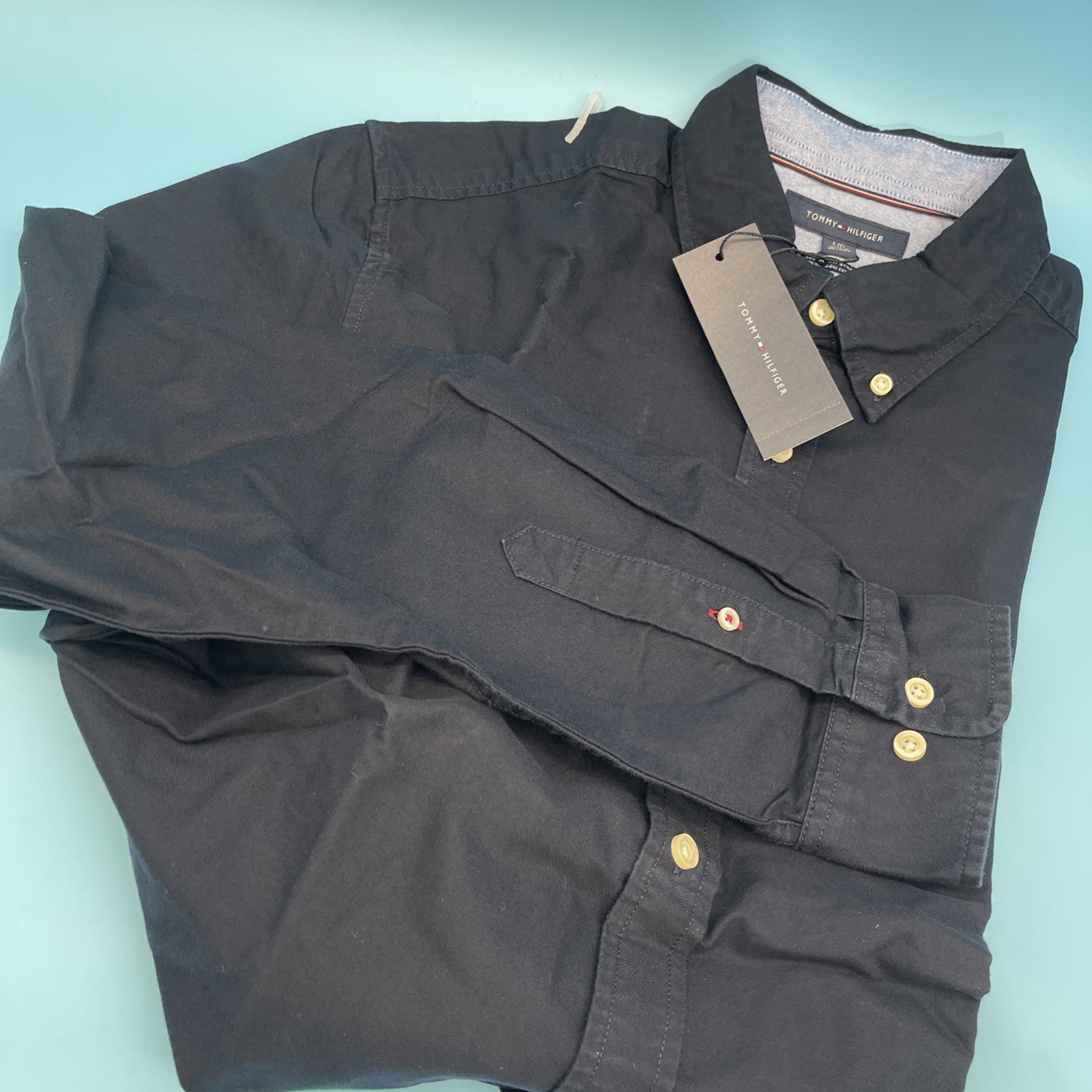 New Tommy Hilfiger Men’s Button Down 100% Cotton Shirt Size L Navy