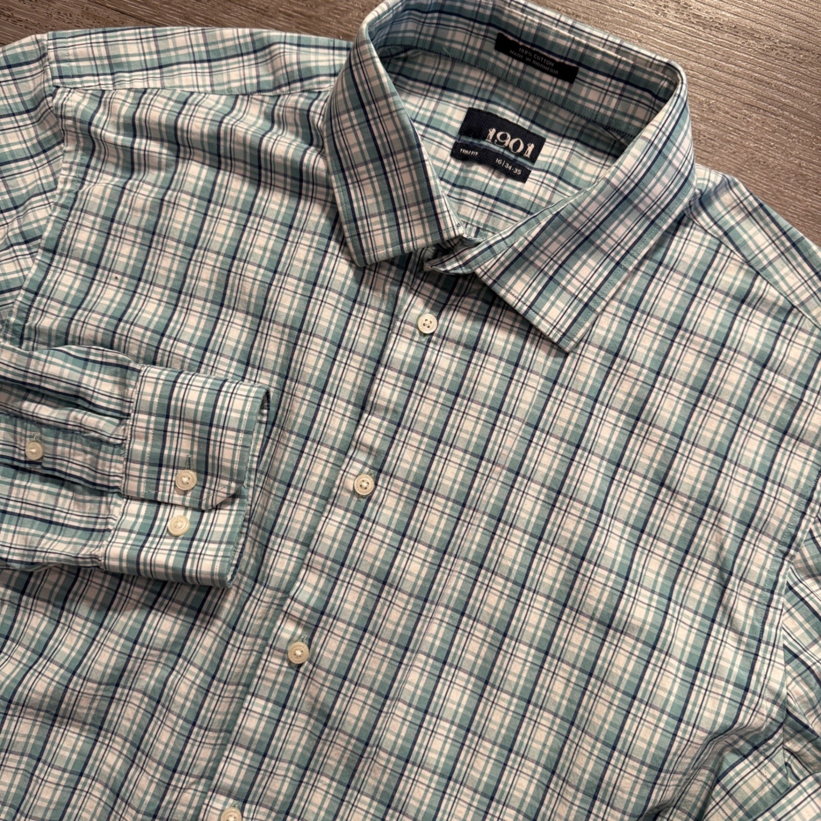 1901 Shirt Mens 16 34-35 Teal Cotton Plaid Trim Fit Casual Preppy Business Work