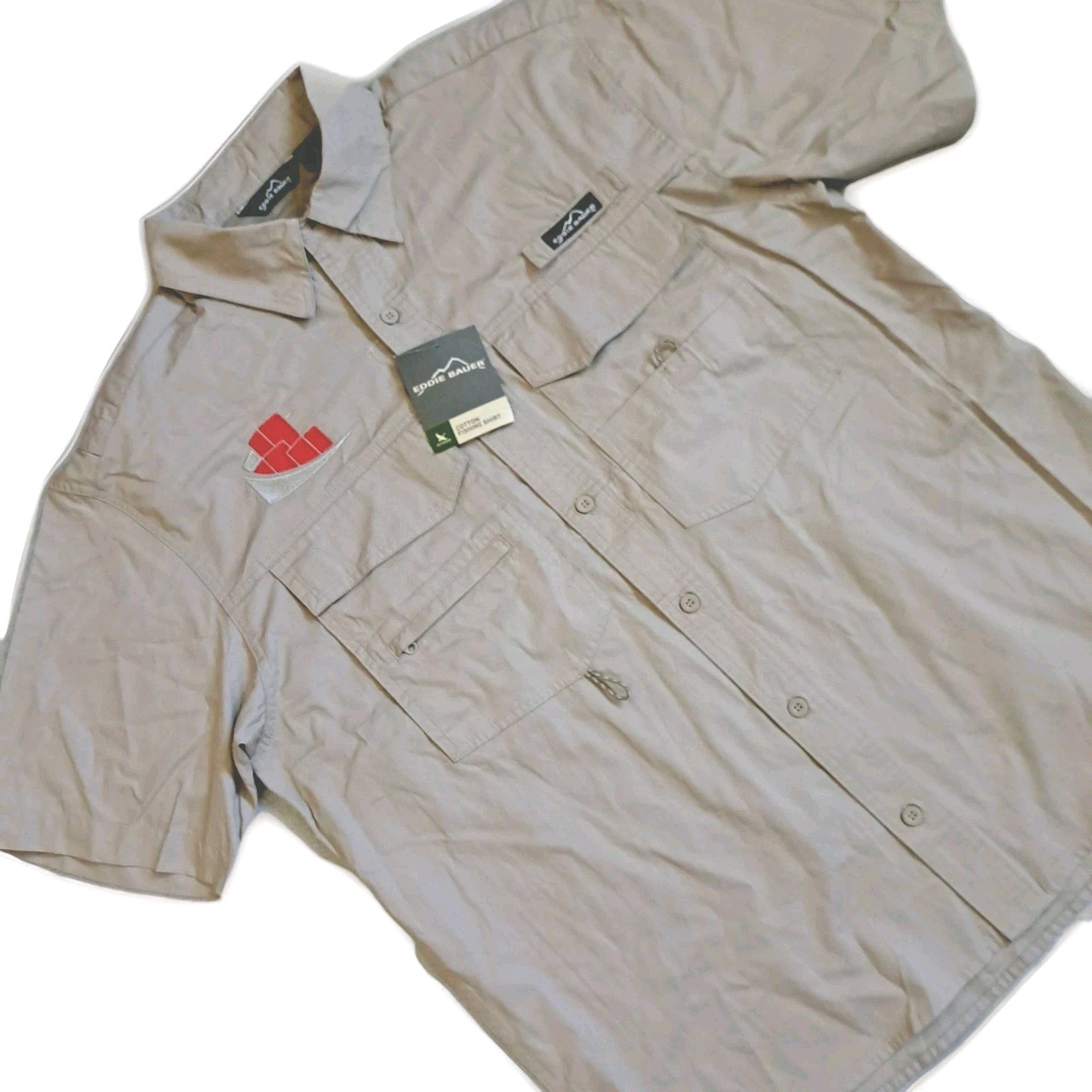 Eddie Bauer Vented Fishing Shirt Men Medium/Large Tan Short Sleeve Outdoor Khaki
