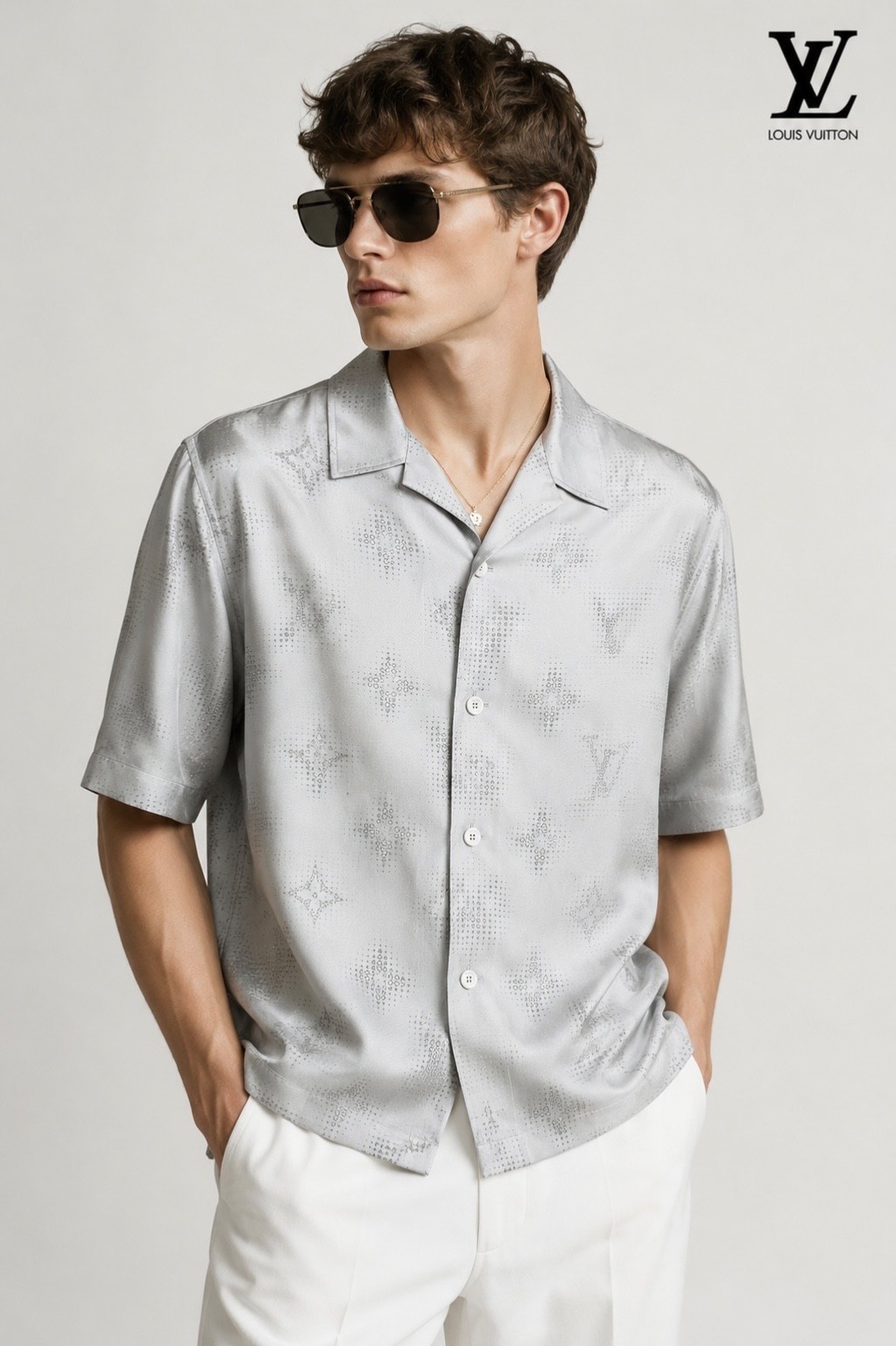 $2,020 LOUIS VUITTON Pixelated LV Logo Monogram Silk Button Shirt – Gray – XXL