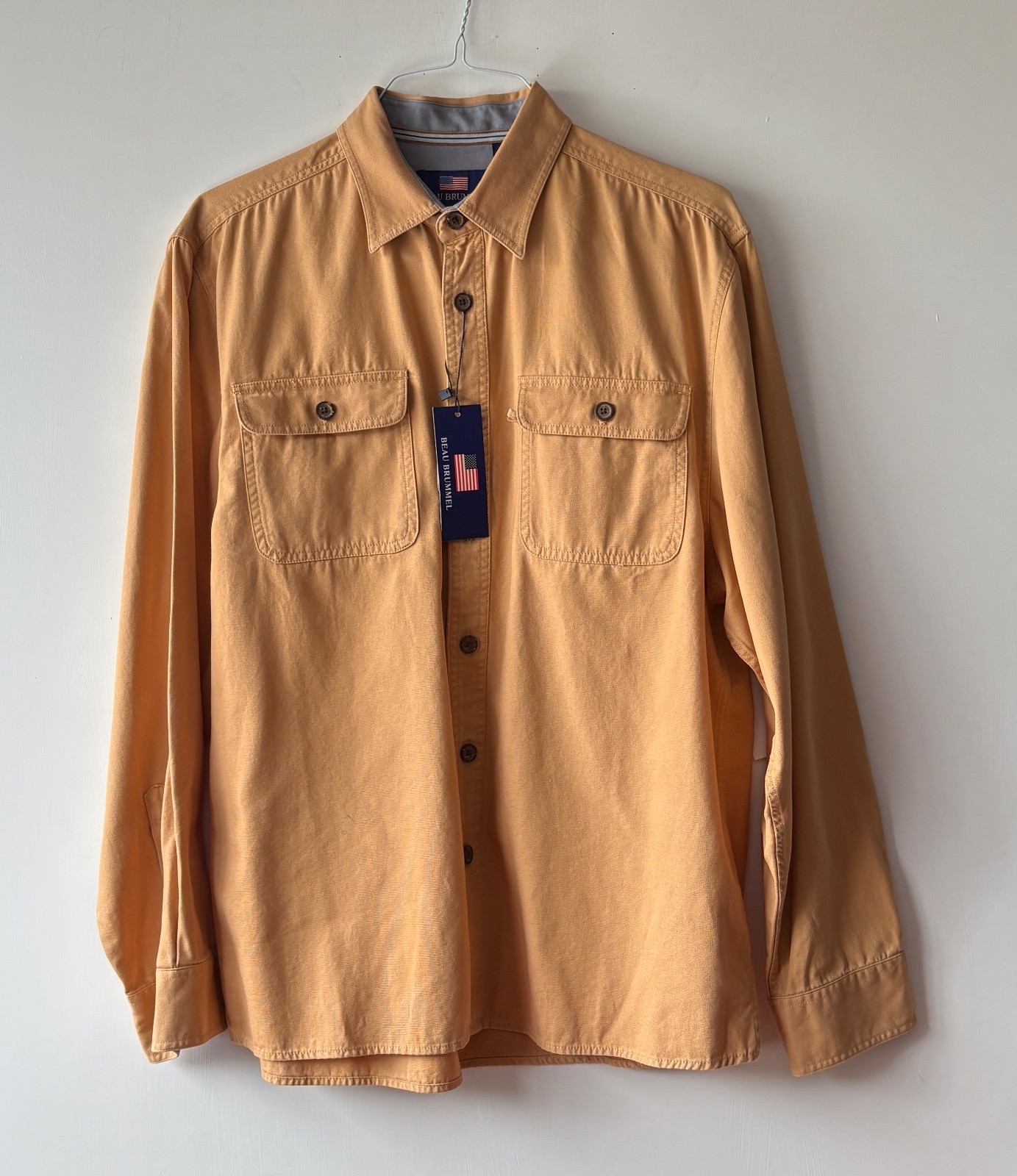 Beau Brummel Mens 100% Cotton Canvas Button Up Long Sleeve Shirt Yellow Size L